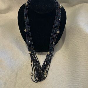 Navy blue, silver and pearl strung beaded necklace. Vintage, perfect condition.